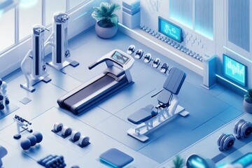 Futuristic Gym Interior with Treadmill, Weights, and Exercise Equipment