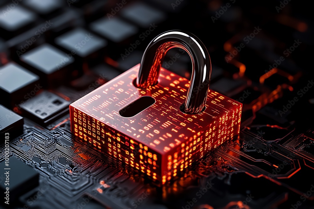 Poster Minimalist binary code and lock symbol, symbolizing cybersecurity breaches and hacker identity, with clean, bold lines in an abstract design