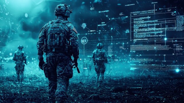A futuristic communication interface displaying encrypted data transmission between soldiers in the field, emphasizing secure and advanced military communication technology