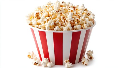 oversized photorealistic red and white striped popcorn bucket overflowing with perfectly popped kernels isolated on a pure white background