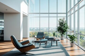 Modern living room with large windows overlooking a city skyline and greenery.