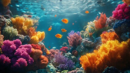 The vibrant marine life found in coral reefs and underwater ecosystems.