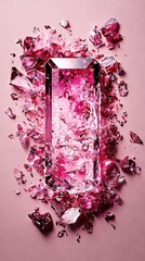   A pink glass shard on a pink surface surrounded by scattered glass