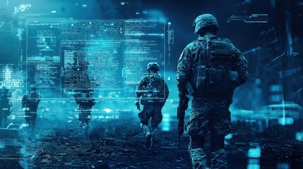 A futuristic communication interface displaying encrypted data transmission between soldiers in the field, emphasizing secure and advanced military communication technology