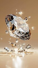   A diamond soaring through the sky surrounded by a sea of diamonds on a light brown canvas