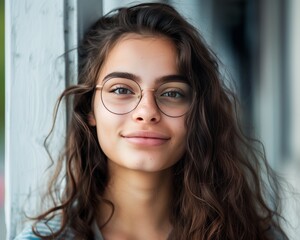 Fototapeta premium Smiling Young Woman with Curly Hair and Glasses Leaning Against a Wall, Natural Light Portrait Photograph