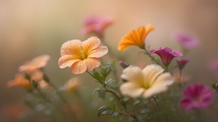 A misty, eerie autumn morning scene with delicate petals and flossflower gently swaying in the morning breeze, all set against a soft, diffused light background with hints of warm orange and golden 
