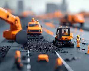 Fototapeta premium High-tech construction site with robotic pavers laying smart asphalt that can charge electric vehicles, engineers overseeing via AR, Futurism, 3D Render