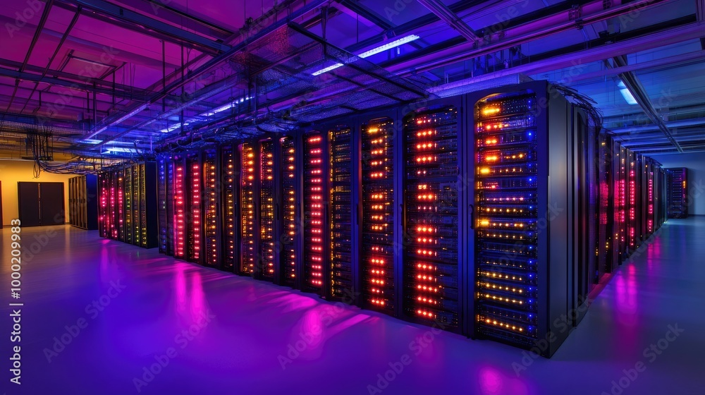 Wall mural photograph of modern data center server racks, storage systems and cloud computing. 3d forward-movin