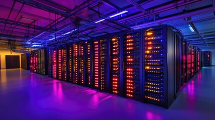 Photograph of modern data center server racks, storage systems and cloud computing. 3D forward-moving camera view.