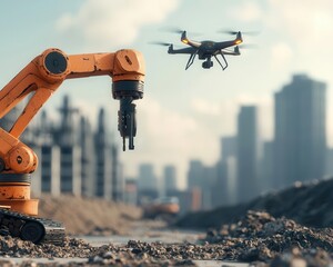 Construction site where robots and drones collaborate to pave a smart road, embedded with sensors to monitor traffic and temperature, Sci-Fi, Digital Art