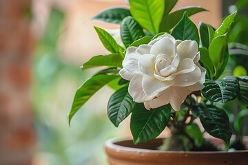 Beautiful white jasmine flower in a pot on the table