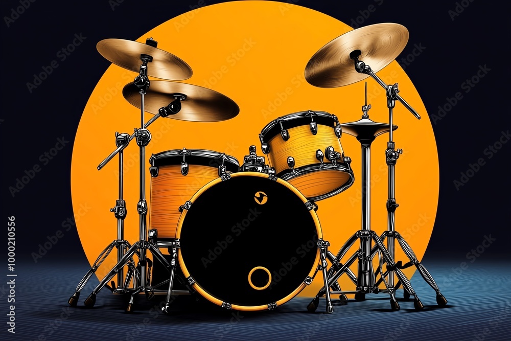 Poster minimalist drum set icon, with simple, sleek shapes representing a drum kit in a bold, modern style,