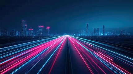 Fototapeta premium Modern highway construction site where drones and robots collaborate to install modular asphalt slabs, surrounded by a glowing skyline, Sci-Fi, Digital Art