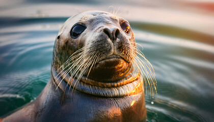 Fototapeta premium Seal Emerging from the Water with Wet Fur and Whiskers
