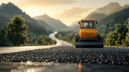 Autonomous road paving equipment laying eco-friendly materials, surrounded by lush green forests and mountains, Sustainability, 3D Render