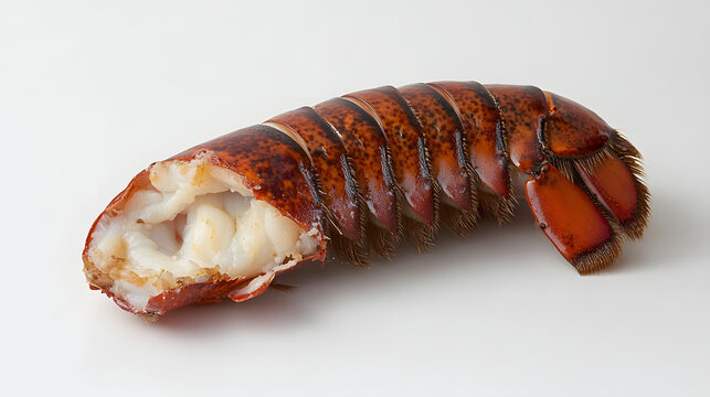 Cooked lobster tail split open, revealing tender meat against a plain white backdrop -ar 16:9 