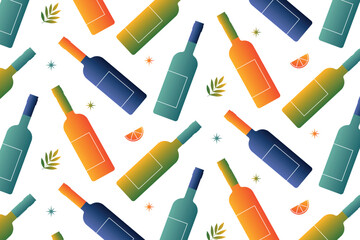 Seamless background with wine bottles, branches, stars. Vector illustration.