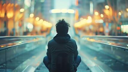 Contemplative Man on an Escalator in Busy Urban Night Scene - Reflective Moments in City Life