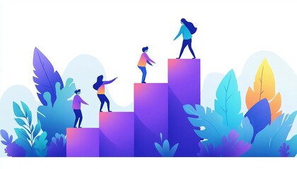 Employees giving hands and helping colleagues to walk upstairs, minimalist style illustration showcasing teamwork and support. 