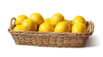 Realistic arrangement of whole lemons in a wicker basket on a white background