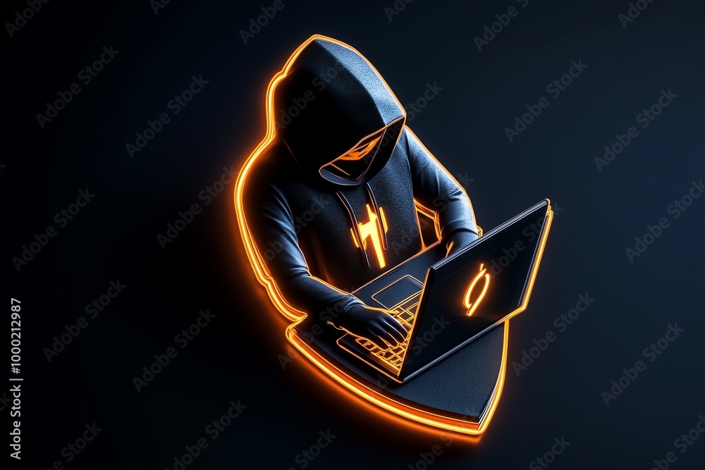 Poster minimalist hacker icon, with a sleek, simple design of a hooded figure and a laptop, representing di