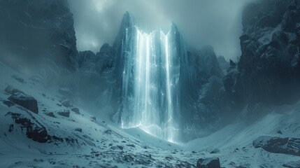 Mystical Waterfall in a Snowy Mountain Gorge