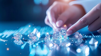 A close-up of a hand delicately selecting sparkling diamonds on a reflective surface. Digital data visualizations and glowing charts in the background emphasize precision and technology.