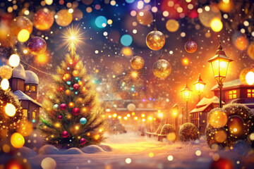 A magical winter night with a beautifully decorated Christmas tree glowing in a snow-covered village illuminated by festive lights. Generative AI