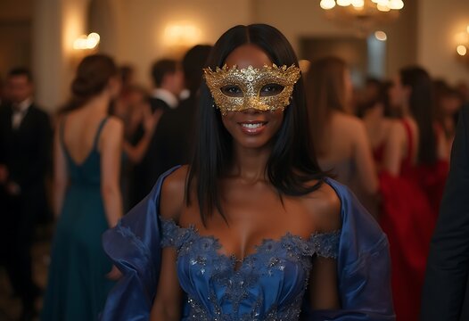 An elegant Black woman in a stunning blue gown adorned with intricate details and wearing a golden mask attends a lavish masquerade ball
