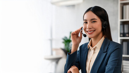 young Asian female dispatcher smiling while talking to a customer through her headset