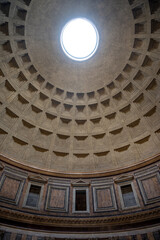 View of the oculus iInside the Pantheon in Rome, the famous temple built by Hadrian in AD 126.