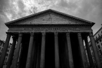 Exterior portico of the Pantheon in Rome, the famous temple built by Hadrian in AD 126.