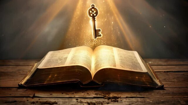 Open book and key on abstract digital background