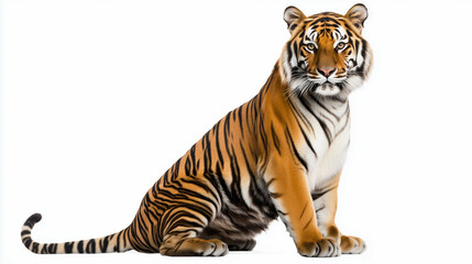 Obraz premium Majestic bengal tiger sitting on a white background. World Animal Day. International Tiger Day