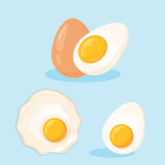 Set of chicken eggs.  Sunny side up Fried egg, Boiled egg, and whole egg in shell. Healthy Food, Protein Breakfast vector illustration.