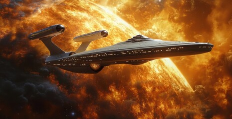 A starship soars over a vibrant yellow planet, meeting alien ships and lifeforms in a retro animated style