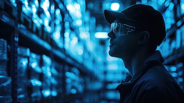 Industrial worker using technology to manage operations in sunset-lit warehouse