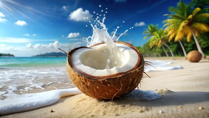 Beautiful Tropical Beach with a Splashing Coconut Fruit, Golden Sand and Crystal Clear Ocean Water, A Serene Coastal Paradise Perfect for Digital Graphic Design Projects and Backgrounds