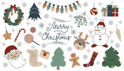 Hand drawn cute cartoon illustration of Christmas elements set. Flat vector winter holidays stickers collection in colored doodle style. New Year, Xmas icon or print. Isolated on white background