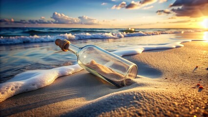 Beautiful Tropical Beach with a Time Capsule Glass Bottle Golden Sand and Crystal Clear Ocean Water, A Serene Coastal Paradise Perfect for Digital Graphic Design Projects and Backgrounds