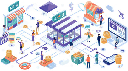 Obraz premium A visual of successful small businesses scaling their sales efforts through networking, digital marketing, and customer loyalty programs.