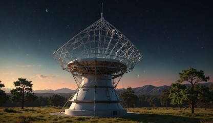 Satellite dish structure under starry sky in a natural landscape.
