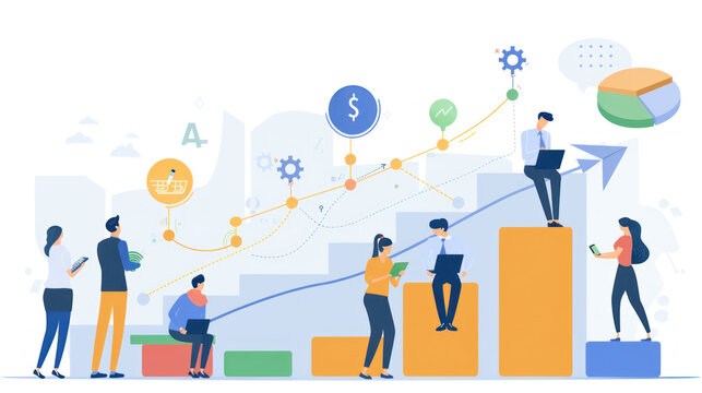 A visual of successful small businesses scaling their sales efforts through networking, digital marketing, and customer loyalty programs.
