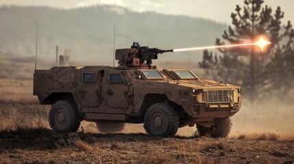 Fototapeta premium A modern military vehicle equipped with laser-guided weapon systems, accurately targeting and striking an enemy position.