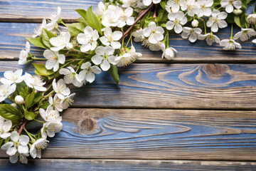 Beautiful delicate white cherry blossoms elegantly arranged on rustic wood, capturing the essence of spring and nature's artistry. Generative AI