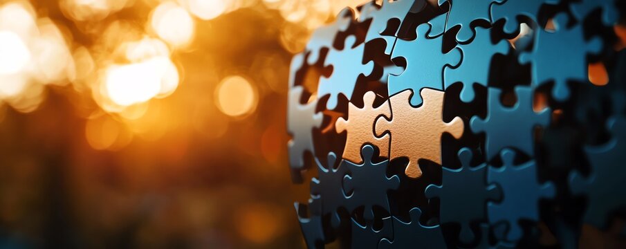 Puzzle piece globe, symbolizing global unity and interconnectedness, blurred sunset background.