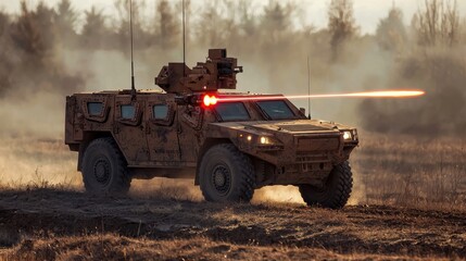 Fototapeta premium A modern military vehicle equipped with laser-guided weapon systems, accurately targeting and striking an enemy position.