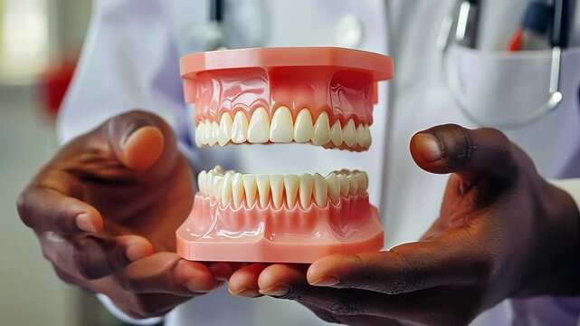 A dentist, possibly African-American, holds a set of dentures. The dentist is in a white coat, indicating a professional setting. The image is well-lit, suggesting daytime, and evokes a clinical,