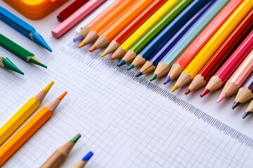 Vibrant colored pencils on graph paper with creative drawings and office supplies